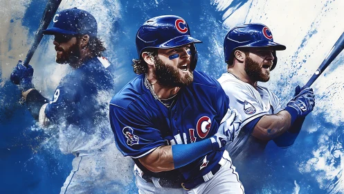 Electric baseball moment with three bold swinging sluggers.