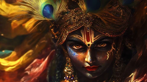 Mythic deity portrait with jeweled crown and peacock plumes.