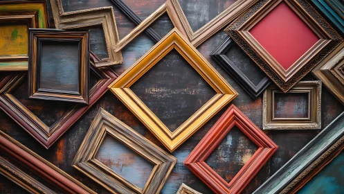 Empty assorted picture frames arranged on rustic wall surface.