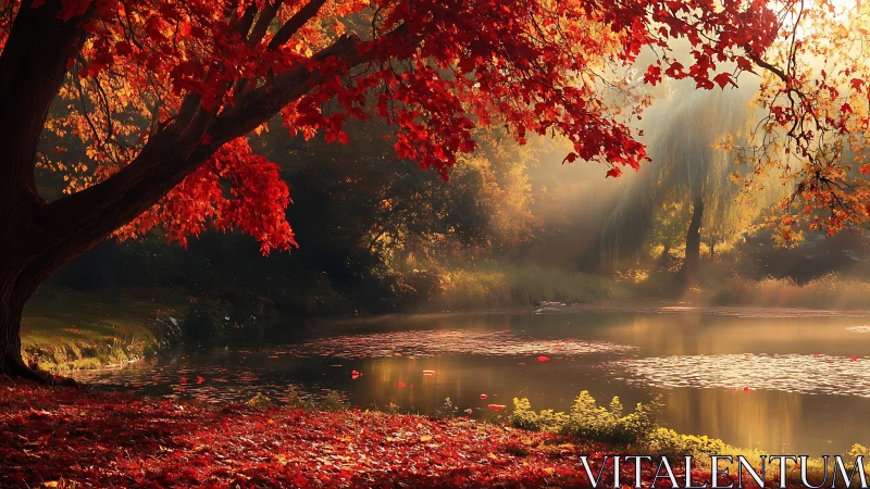 Autumn maple canopy over misty reflective woodland lake.