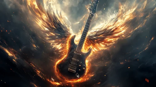 Electric guitar with fiery wings in stormy dark sky.