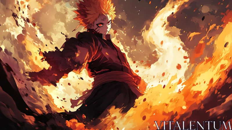 Fiery anime warrior channels radial flame vortex with dynamic lighting