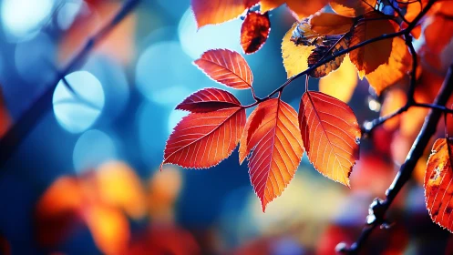 Glowing autumn leaves against dreamy blue forest light.