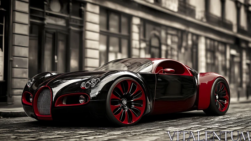 Black and red sports car rendered on cobblestone city street