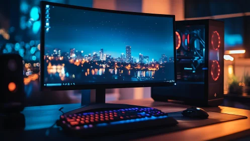 Neon city skyline hums across a curved midnight command center