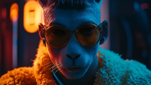 Anthropomorphic feline portrait under neon rim lighting renders