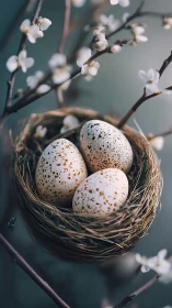 Three speckled eggs rest in a nest among flowering branches