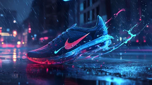 Neon-lit running shoe slices through rain with dynamic splash lighting