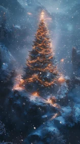 Majestic Christmas tree glows warmly in a snowy mountain valley
