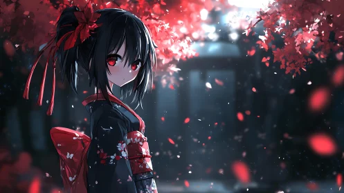 Kimono girl stands under red blossoms in dusk garden