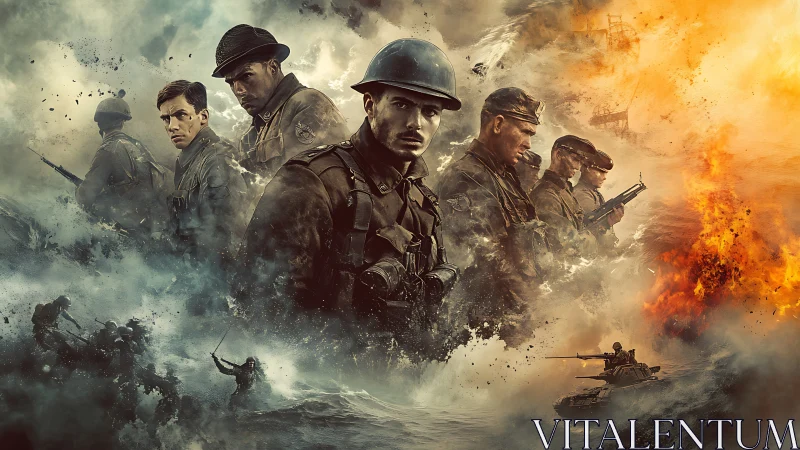 Composite WWII battlefield montage renders soldiers in turbulent chaos