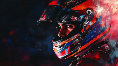 Racing driver’s intense gaze cuts through swirling neon smoke