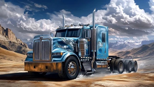 Sky-burnished blue semi thunders across wide desert horizon.