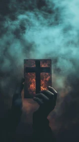 Hands hold glass cross panel against dramatic smoky sky