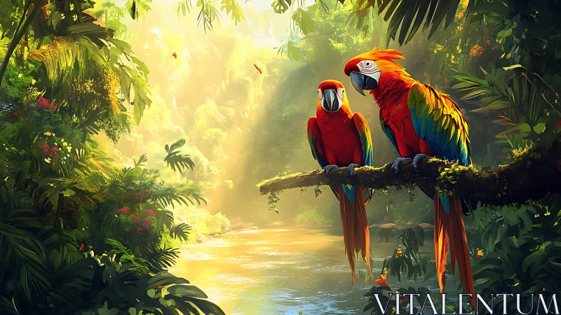 Gentle rainforest light welcomes two colorful macaw friends
