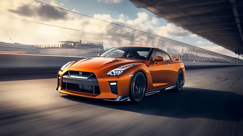 Orange sports coupe accelerates along modern racetrack.