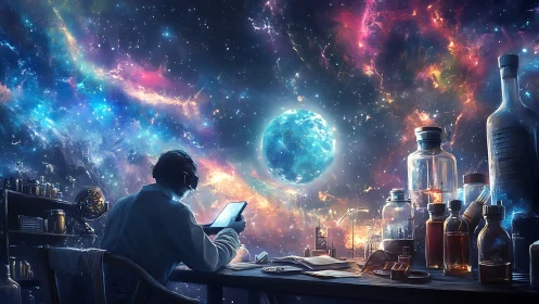 Solitary scientist studies a luminous planet amid cosmic lab
