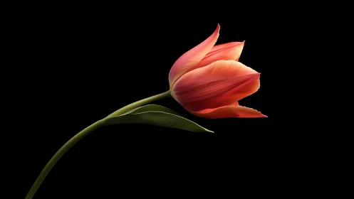 Red tulip with curved stem against black background