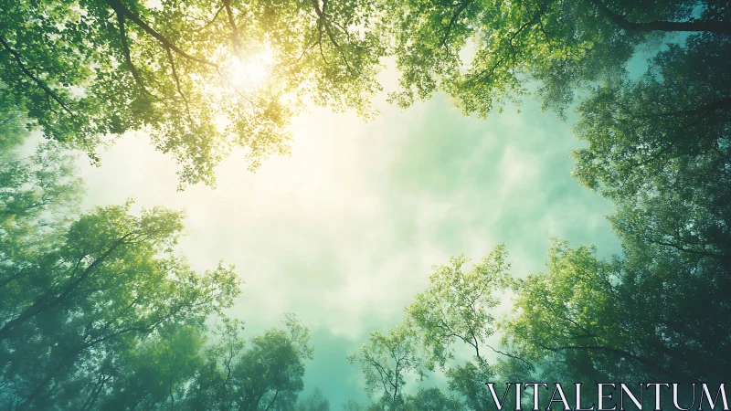 Sunlit forest canopy viewed from below, soft dreamy photography.