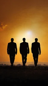 Three Silhouetted Businessmen Walking Into Golden Sunset