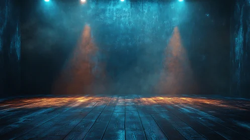Empty wooden stage under blue and amber spotlights.