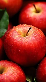Central red apple with water droplets is surrounded by others