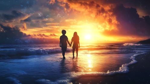 Two figures hold hands wading through luminous ocean sunset