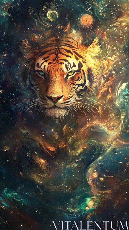 Stellar tiger spirit drifting through a cosmic aurora dreamscape.