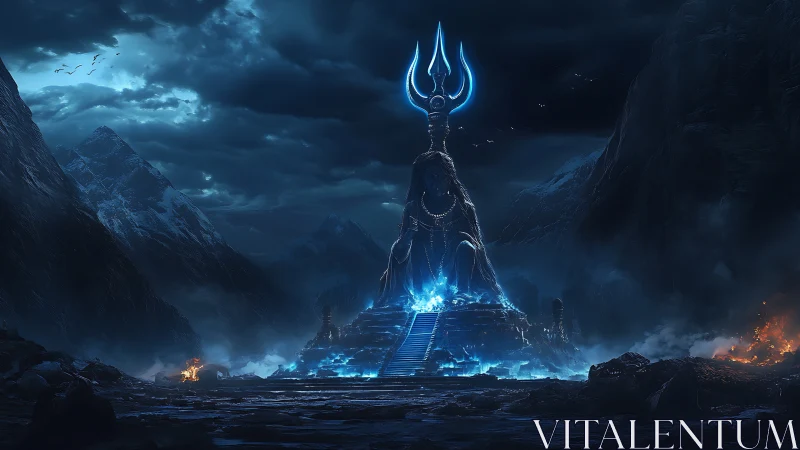 Mythic trident temple under storm-lit mountainscape in blue haze.