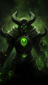 Infernal warlock in horned armor with luminous green core.