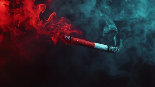 Burning cigarette splits toxic red and blue smoke field.