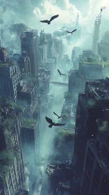 Skyline reclaimed by mist, birds, and quiet urban wilds.