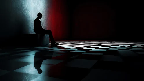 Solitary figure waits in moody red and blue checkered hall