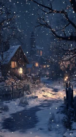 Snowy village lane with cottages and distant tower.