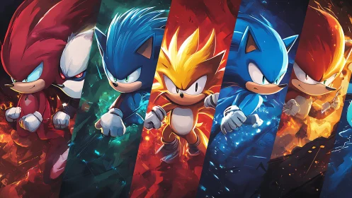 Electric hedgehog heroes racing through swirling elements.