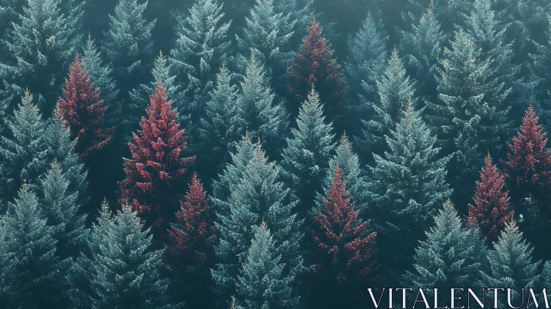 Dense conifer canopy with selective red chroma variation under haze