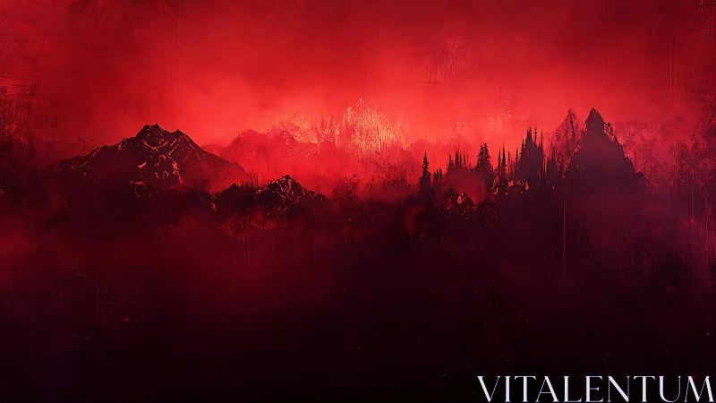 Crimson Wilderness: Fiery Mountain Landscape with Silhouetted Forest Horizon.