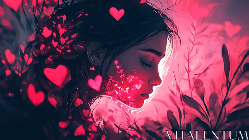 Profile portrait emanates luminous hearts in vibrant pink palette.