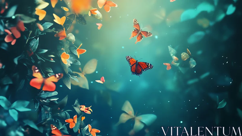 Monarch butterflies drift through teal forest light haze.