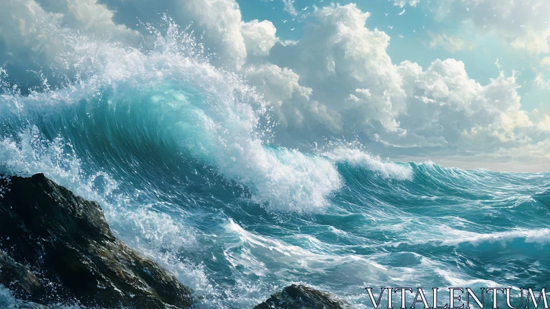 Ocean wave crashing on rocky shore under cumulus clouds.