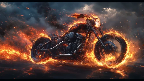 Flaming custom motorcycle tearing through storm firestorm.