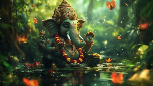 Ganesh idol rendered with volumetric jungle lighting and soft bokeh