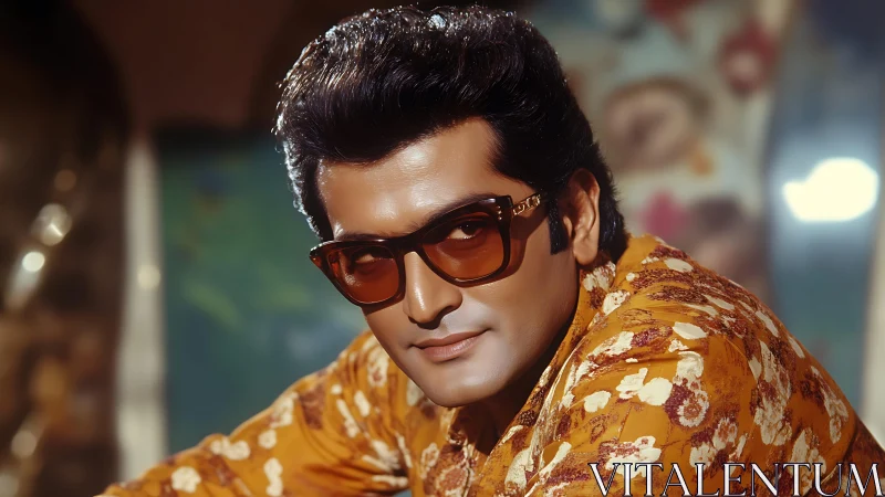 Retro portrait highlights stylized 1970s eyewear and patterned shirt