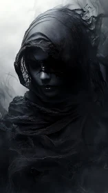Shrouded wraith portrait in swirling black spectral veils.