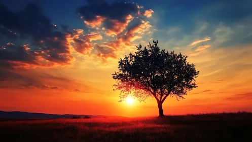 Solitary tree glows against a vivid, blazing sunset horizon.