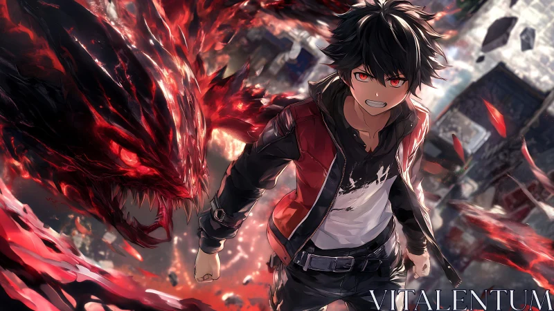 Crimson spectral dragon manifesting from enraged anime fighter.
