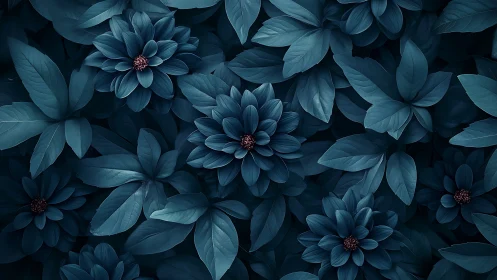 Monochrome teal dahlia cluster under low key optical lighting.