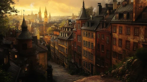 Golden hour over a winding old-world city street.