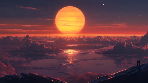 Distant sun over cloud sea with silhouetted figures on ridge.