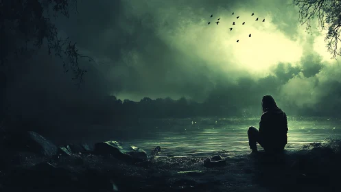 Solitary figure by moonlit lake amid brooding storm clouds.